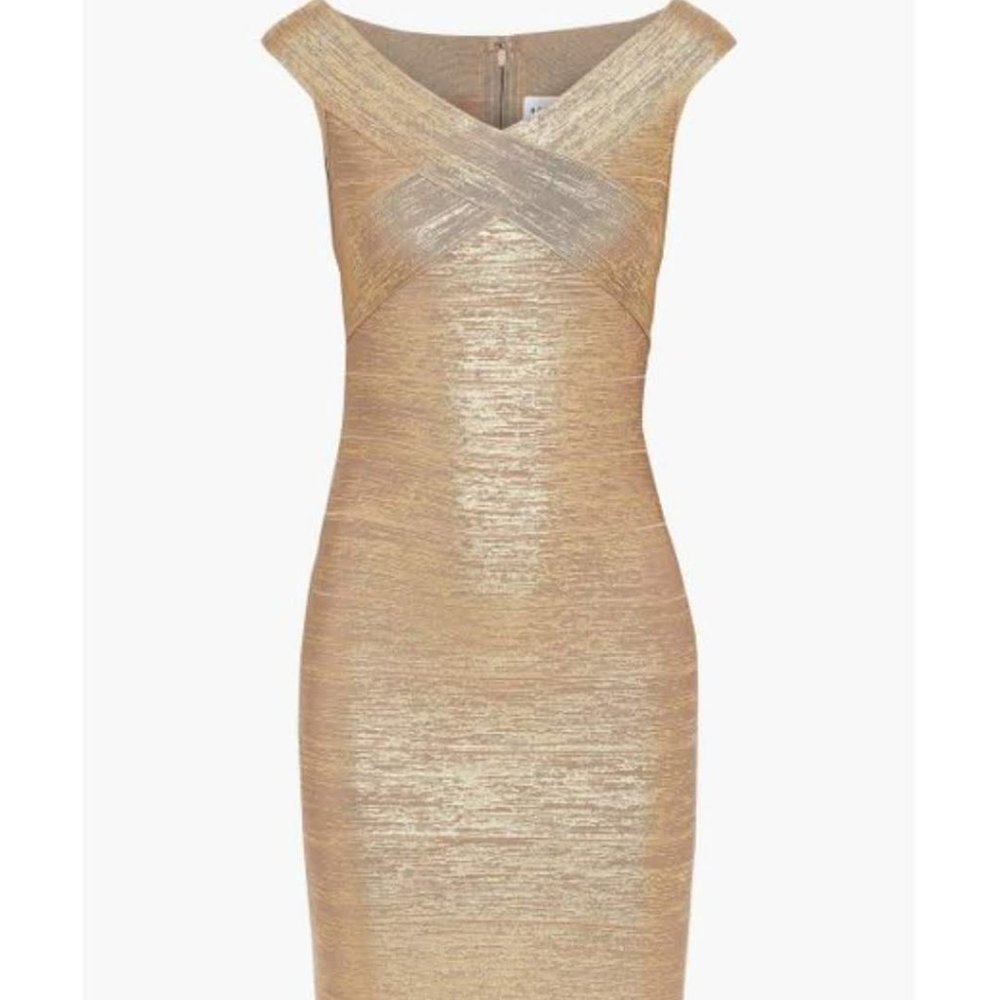NWT - Herve Leger - Criss-Cross, Off-the-Should Metallic Bandage Mini Dress